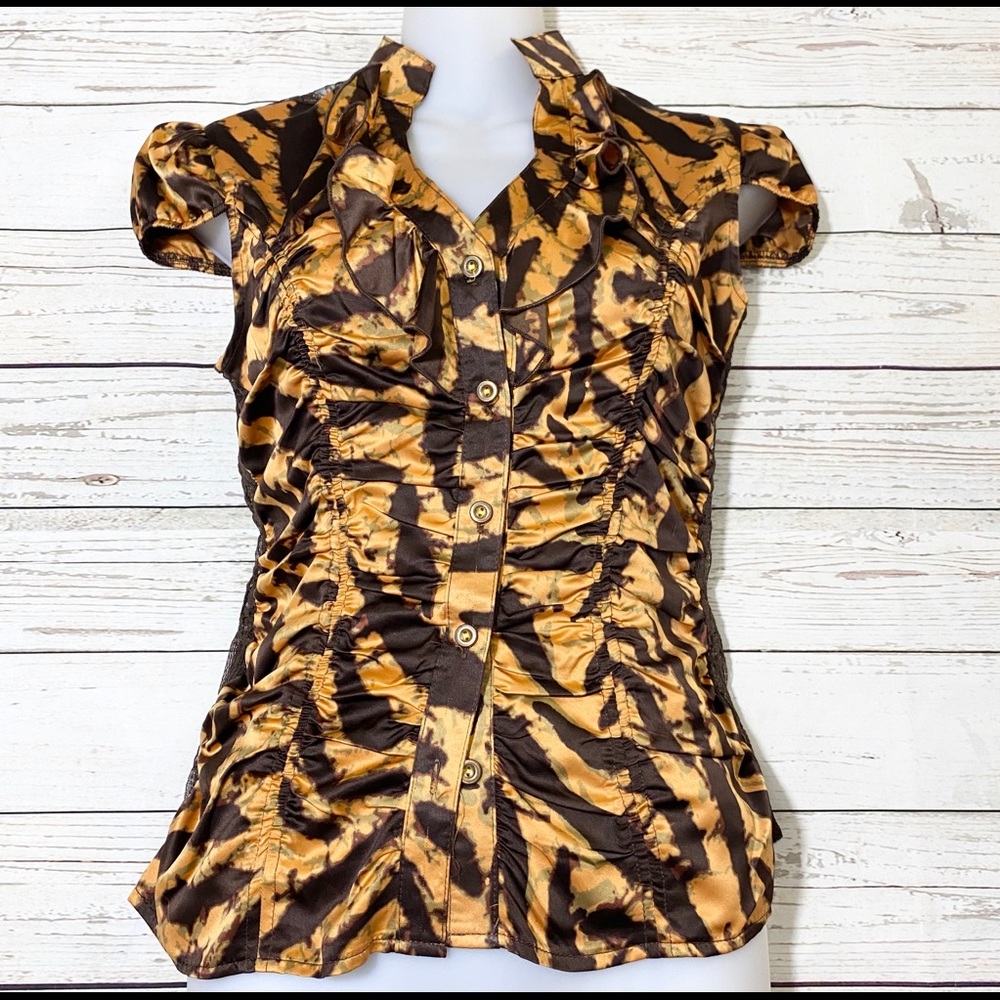 XOXO brown and yellow/gold button down shirt.